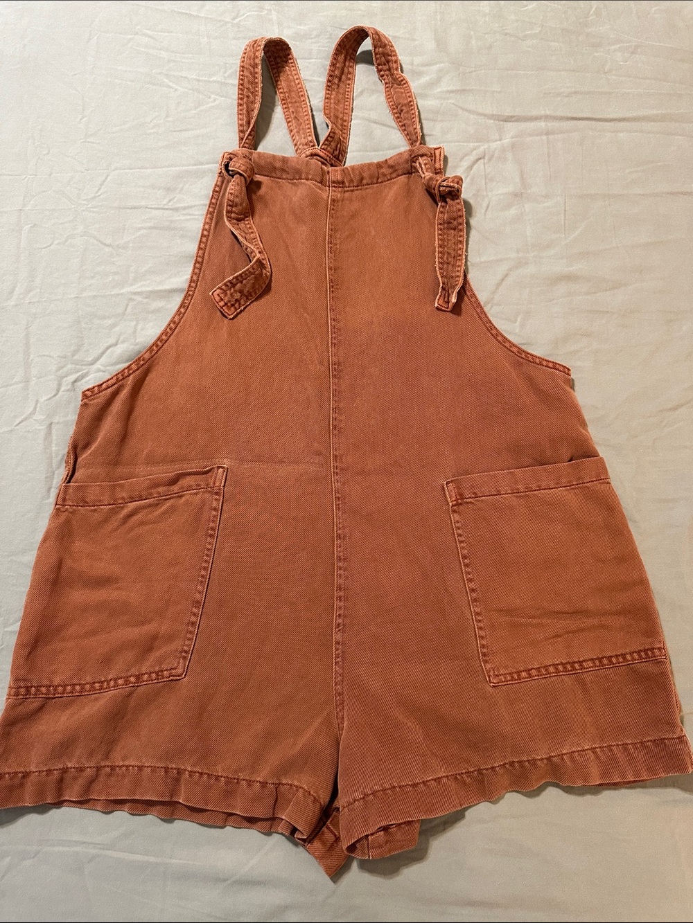 Aerie Brown Linen Blend Women's Short Overalls Romper Knotted Straps Size L - Picture 4 of 10